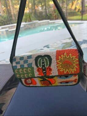Colorful Beaded Patchwork Shoulder Bag - Green, Orange & Cream